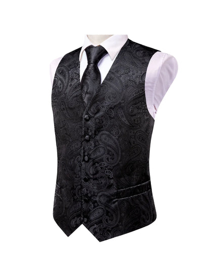 Men's Double Breasted Suit Vest Jacquard Waistcoat with Necktie and Pocket Square for Formal Occasions – Black Paisley