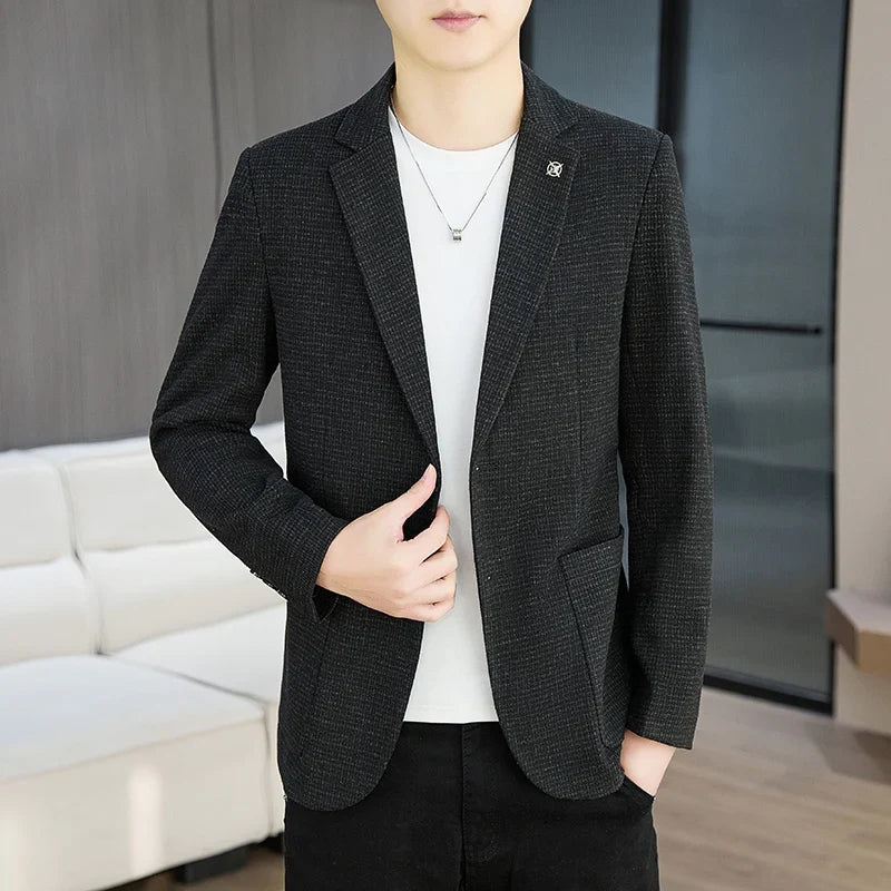Men's Blazer Slim Fit Korean Style Single Breasted Smart Casual Black Khaki Spring Autumn