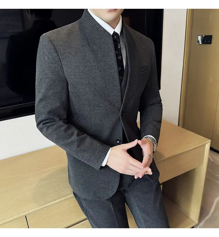 Men's 3-Piece Slim Fit Stand Collar Suit – Wedding, Prom & Office Formal Set