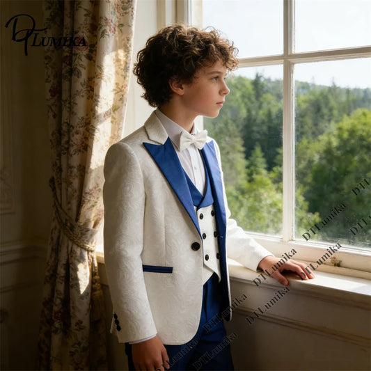 Boys 3-Piece Tuxedo Suit Set with Blue Shawl Collar, Vest & Bow Tie for Weddings & Formal Occasions