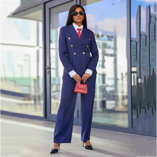 Business Women's Striped Suits Classic Fit Double Breasted Peak Lapel Formal Blazer Pants Office Lady Workwear High Quality