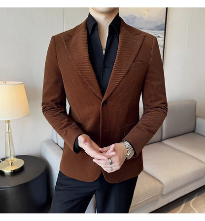 Autumn Winter New Corduroy Striped Suit Jacket Men High Quality Slim Fit Business Social Formal Suit Coats Tailcoat Men Clothing