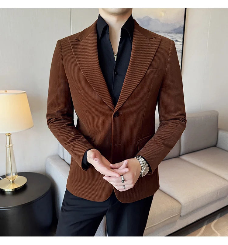 Corduroy Stripe Suit Jacket For Men Autumn Winter Business Slim Fit Tailcoat Formal Wedding Party Fashion Casual Suit Coat 4XL-M