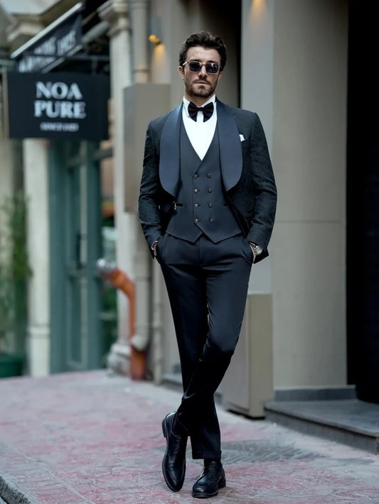 Hot Sale Luxurious Men's Jacquard Suits Host Outfit Customized Stylish Shawl Lapel 3 Pieces Blazer Vest Pants For Men Birthday