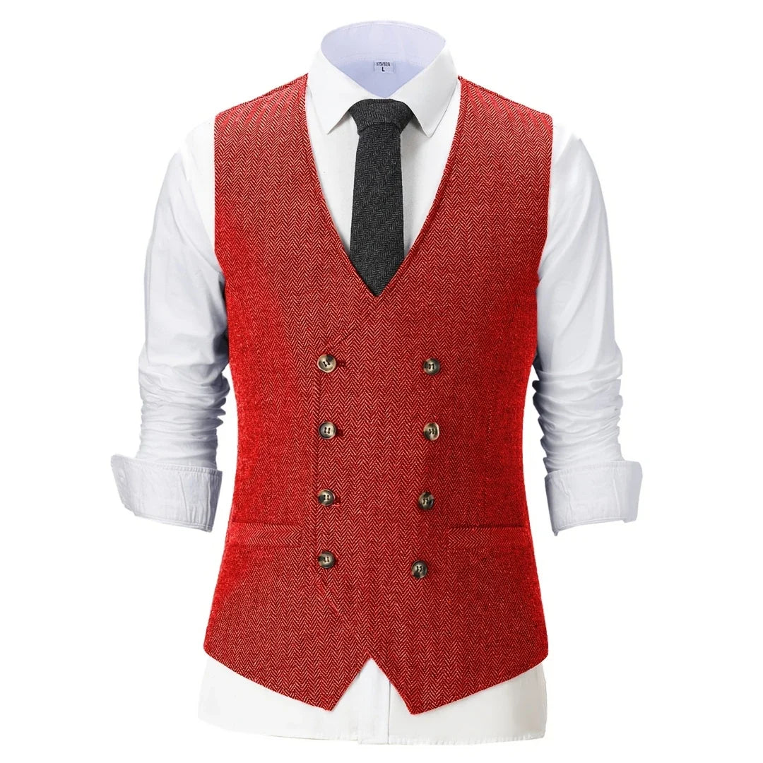 Men Vest Champagne Herringbone Double Breasted V-Neck Waistcoat for Wedding & Business