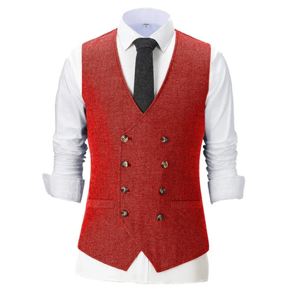 Men Vest Champagne Herringbone Double Breasted V-Neck Waistcoat for Wedding & Business
