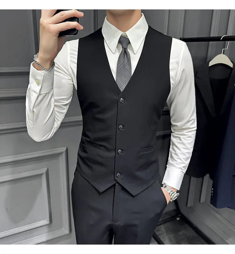 Men's 3 Piece Suit Set Double‑Button Slim Fit Solid Color Business Casual Wedding Party Jacket Vest Pants Formal Outfit for Men