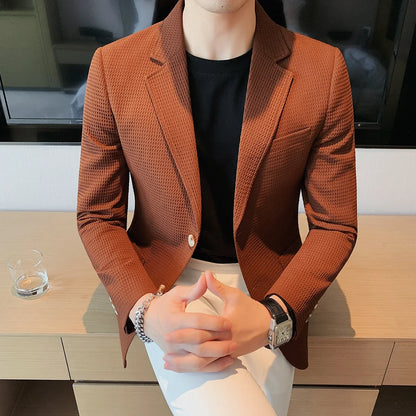 2025 Spring New Waffle Suit Coats Men Slim Fit Business Casual Blazer Jacket Homme Formal Groom Prom Wedding Tuxedo 4XL-M
