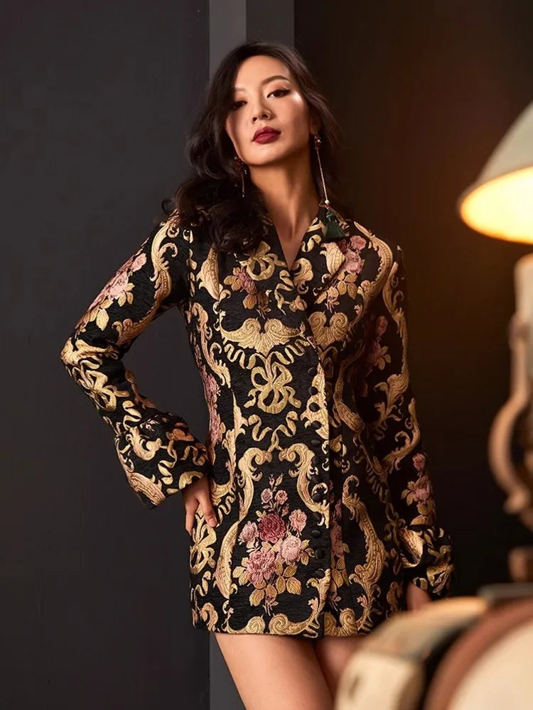 Vintage Women Slim Fit Single Breasted Floral Jacquard Long Blazer Jacket Stage Show Suit Coat Autumn New OL Party Outwear Coat