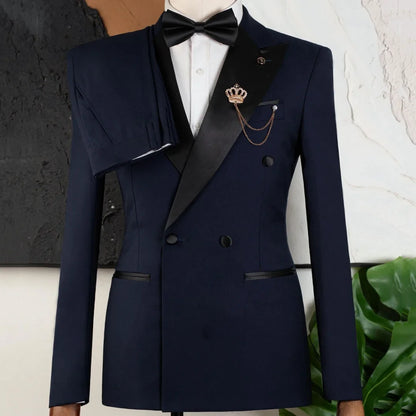 Men Suit Black 2 Piece Double Button With Bright Lapel For Wedding Groom Birthday Party Banquet Business Work Suit Jacket Pants