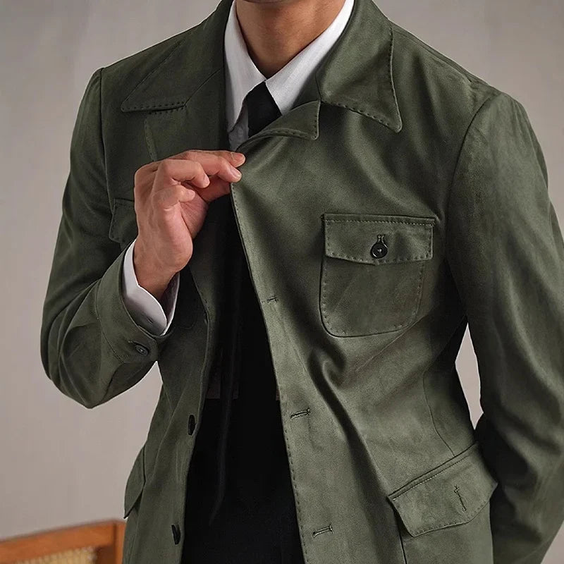 Hunting Jacket With Lapel Collar Men's Vintage-Style Faux Suede Blazer Fashionable Casual Italian Slim Fit Trendsetter Safari