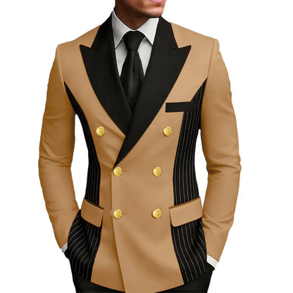 Men's Double Breasted Blazer Striped Patchwork Peak Lapel Slim Fit Formal Wedding Suit Jacket