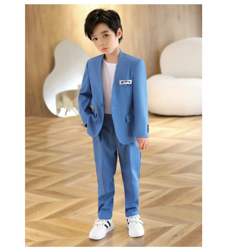 Boys Formal Suit Set Kids Wedding Tuxedo Jacket Pants Blue Ceremony Outfit