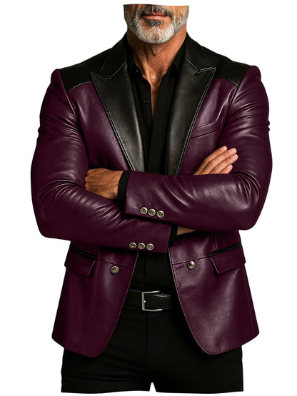 Men's PU Leather Blazer Patchwork Double Breasted Flap Pockets Notched Lapel Slim Fit Business Casual Suit Jacket Male Outerwear
