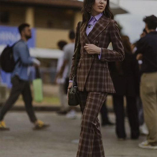 Women's Plaid Double Breasted 2 Pieces Suit Classic Fit Peak Lapel Blazer Pants Daily Casual Party Streetwear High Quality