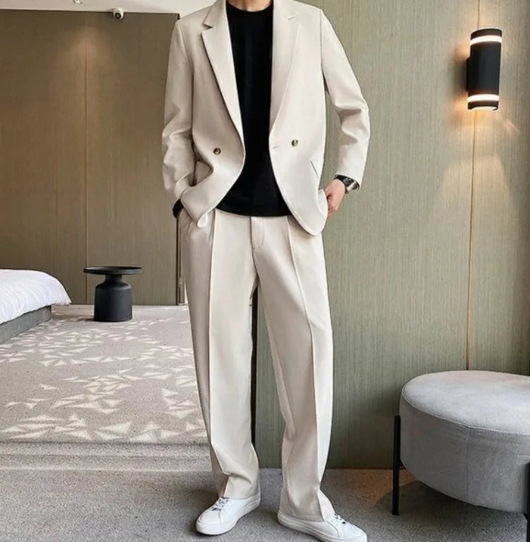 Men's Spring Autumn Casual Blazer Set Korean Slim Fit Lightweight Loose Smart Chic Suit Jacket Fashion Trendy Top