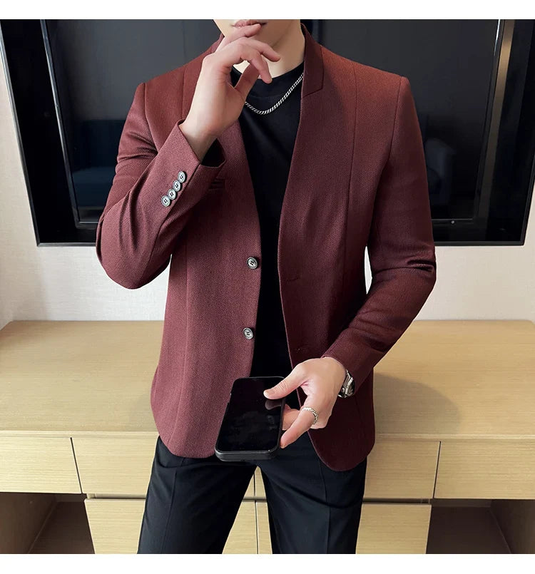 Chinese Style Collarless Suit Jacket Men Fashion Slim Fit Versatile Blazers Male Casual Business Wedding Groom Dress Jacket 2025
