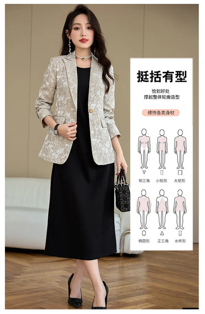 Fashion Apricot Printing Women Pant Suit Elegant Business Office Ladies 2 Piece Set Female Formal Blazer And Trouser