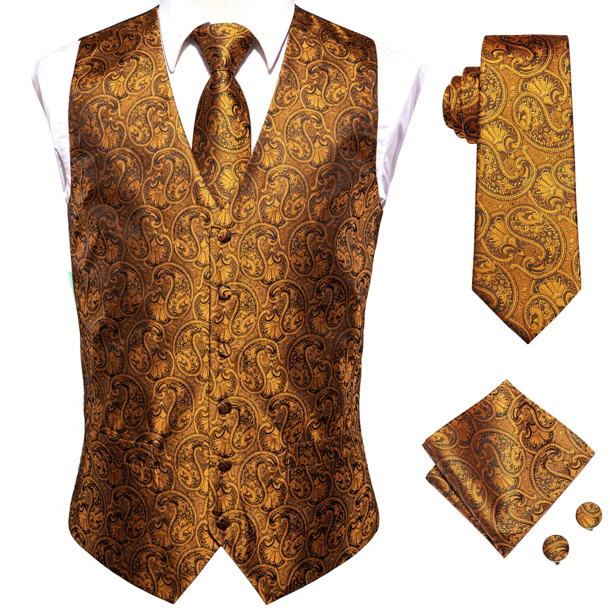 Men's Waistcoat Suit Set with Jacquard Floral Vest, Tie, Hanky & Cufflinks for Wedding and Business