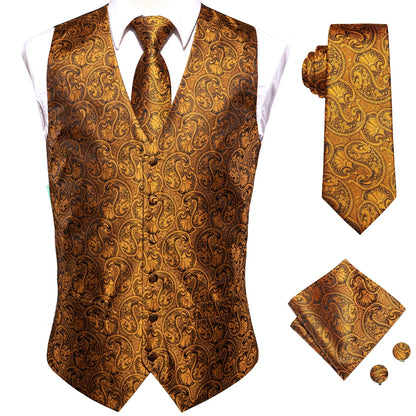 Men's Waistcoat Suit Set with Jacquard Floral Vest, Tie, Hanky & Cufflinks for Wedding and Business