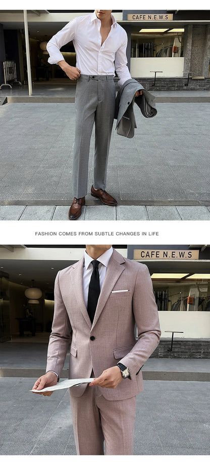 (Jacket +Pants) 2025 New Luxury Elegant Men's Suits 2 Piece Set Fashion Korean Casual Slim Fit Social Groom Wedding Tuxedo