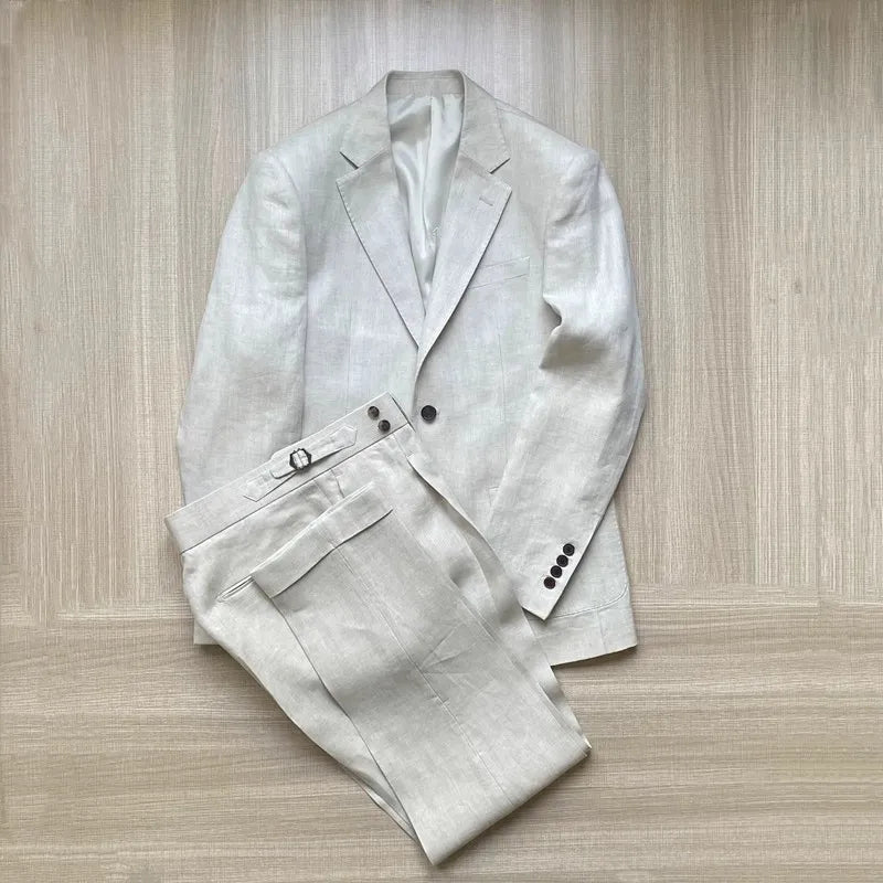 Men Thin Slim Fit Top Quality Beige White Linen Suits Matching Sets Spring Summer Comfortable Two Piece Set Casual Outfits 2025