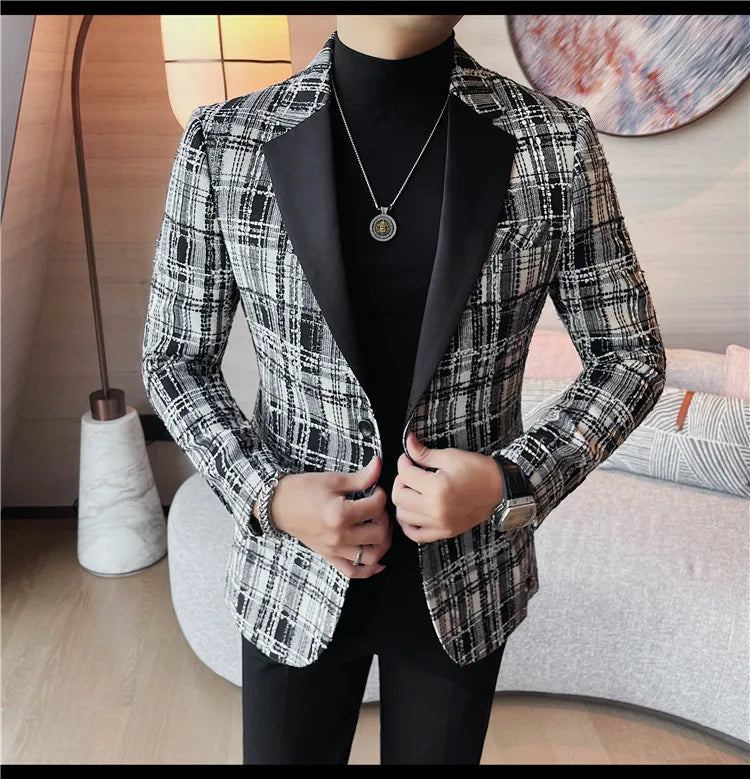 British Style Woven Suit Jacket Men Fashion Plaid Casual Business Blazer Gentleman Versatile Banquet Party Groom Wedding Coats