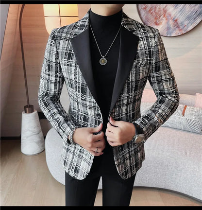 British Style Woven Suit Jacket Men Fashion Plaid Casual Business Blazer Gentleman Versatile Banquet Party Groom Wedding Coats