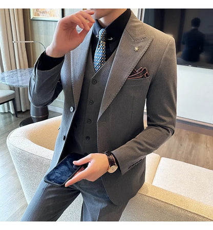 (Blazer + Vest + Trousers) 2024 New Men Formal Business Solid Suit 3 Pieces Set Italian Style Luxury Wedding Social Party Tuxedo