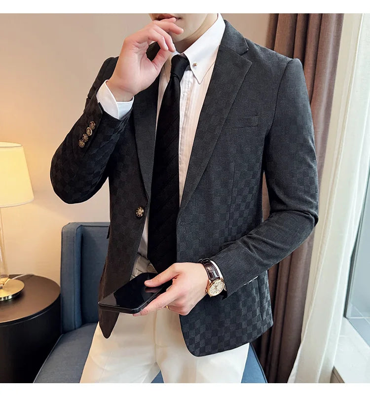 2024 Spring Plaid Blazers Men Single Breasted Casual Business Suit Jacket Fashion Slim Social Banquet Wedding Groom Dress Coats