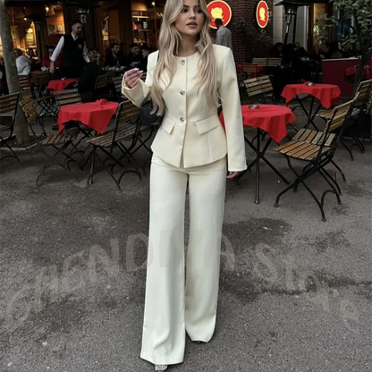 Luxury Women's Suit 2 Piece Slim Fit O-Neck Single Breasted Blazer Set Elegant Formal Business Office Wear Casual Outfit