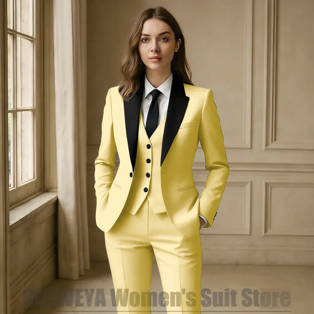 Women Royal Blue 3 Piece Tuxedo Suit Blazer Vest Pants with Black Lapel Slim Fit Formal Party Business Office Outfit