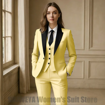 Women Royal Blue 3 Piece Tuxedo Suit Blazer Vest Pants with Black Lapel Slim Fit Formal Party Business Office Outfit