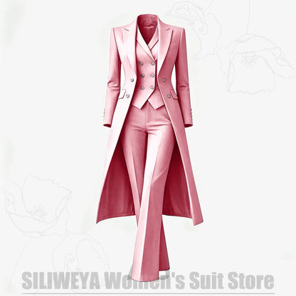 Women's Suit 3 Piece Double Breasted Long Coat Vest Pants Elegant Formal Business Wear Luxury Wedding Party Prom Outfit 2026
