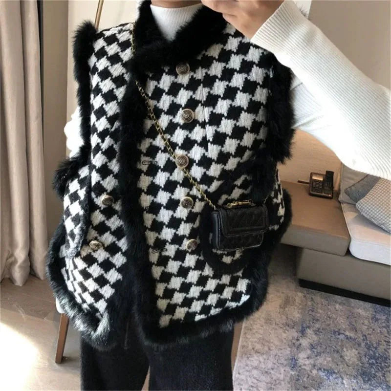Korean Women Thousand Bird Grid Vest Coat Spring Autumn Ladies Fashion Waistcoat Jacket 2025 Female Loose Sleeveless Top Outwear