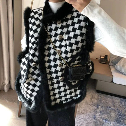 Korean Women Thousand Bird Grid Vest Coat Spring Autumn Ladies Fashion Waistcoat Jacket 2025 Female Loose Sleeveless Top Outwear