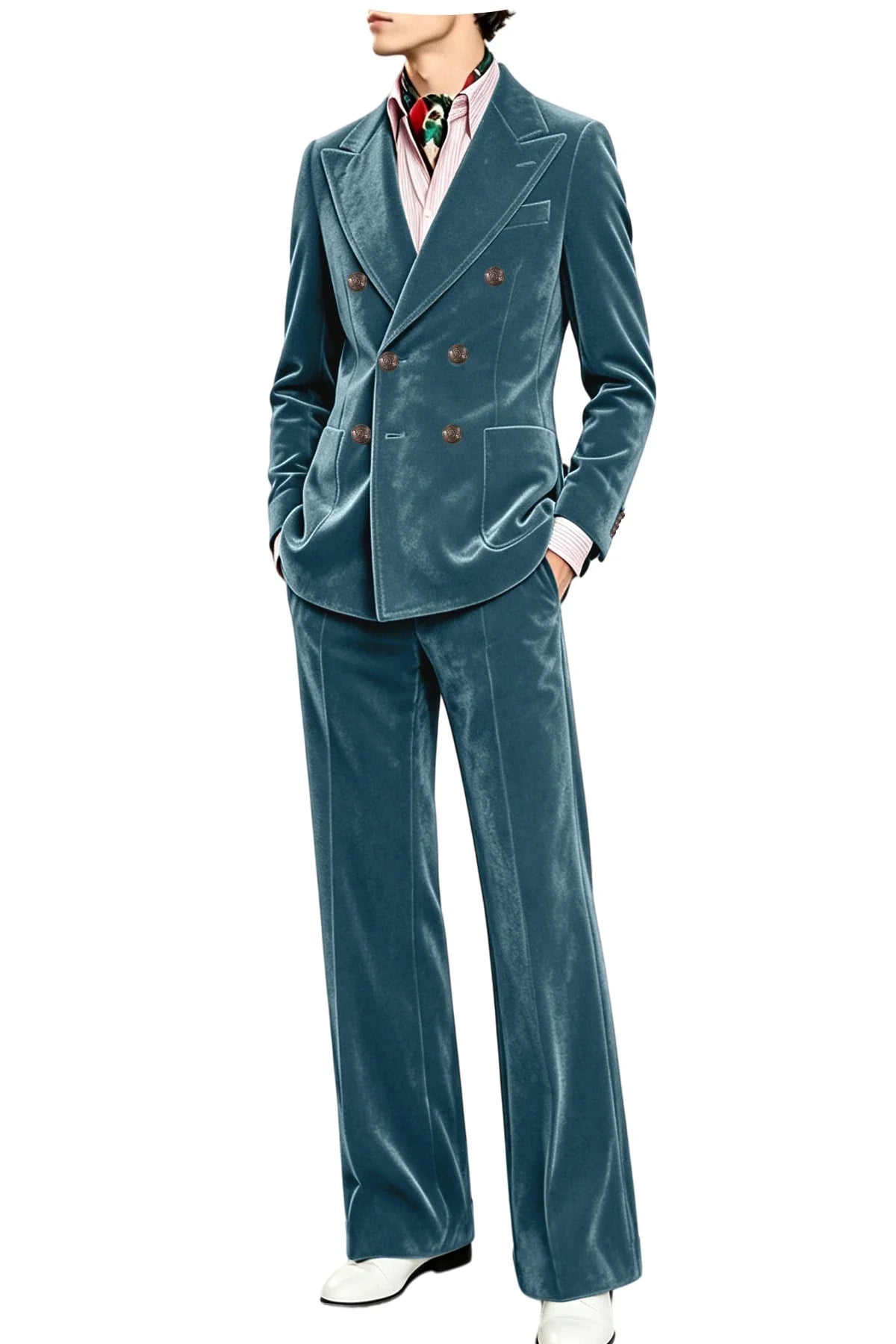 Men's Velvet Suit 2 Piece Double Breasted Peak Lapel Blazer & Straight Leg Pants for Formal & Wedding