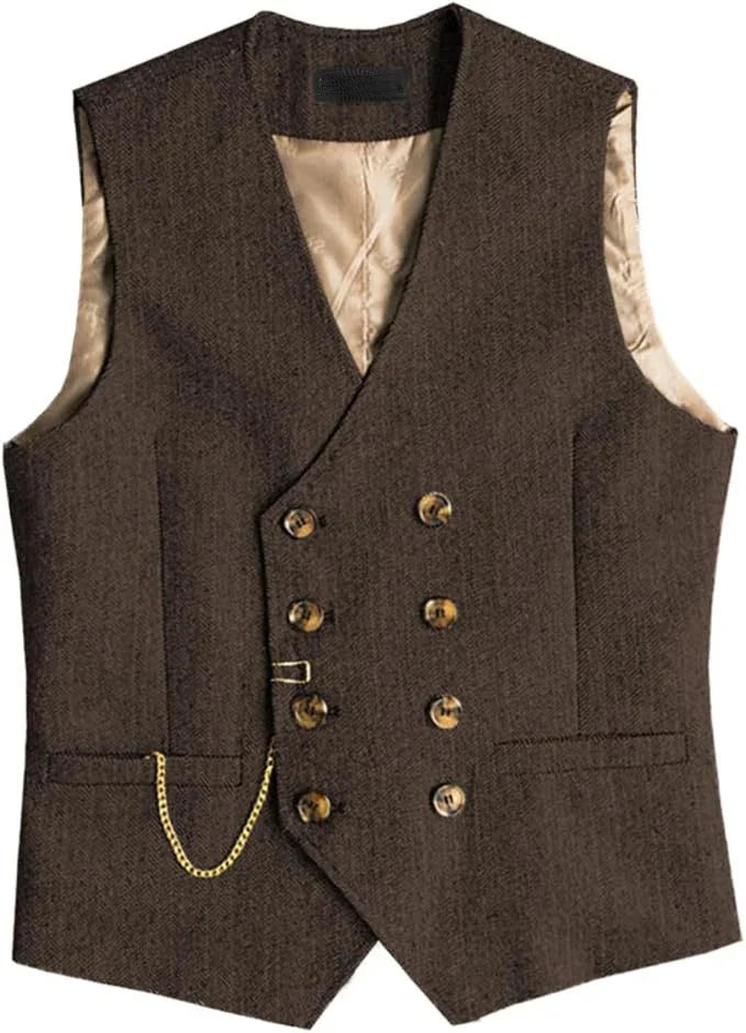 Men's Waistcoat Herringbone Double Breasted Vest for Wedding Banquet