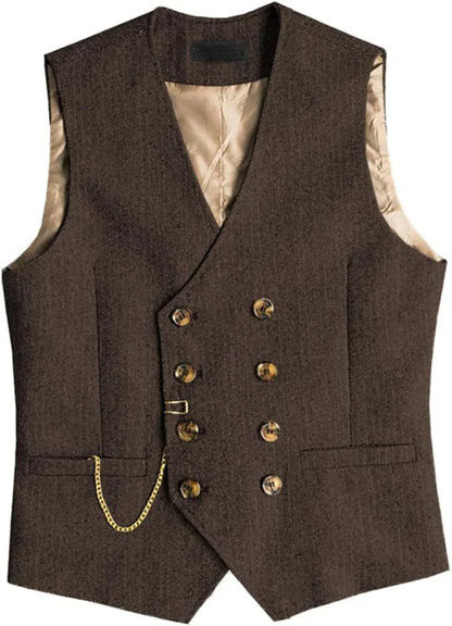 Men's Waistcoat Herringbone Double Breasted Vest for Wedding Banquet