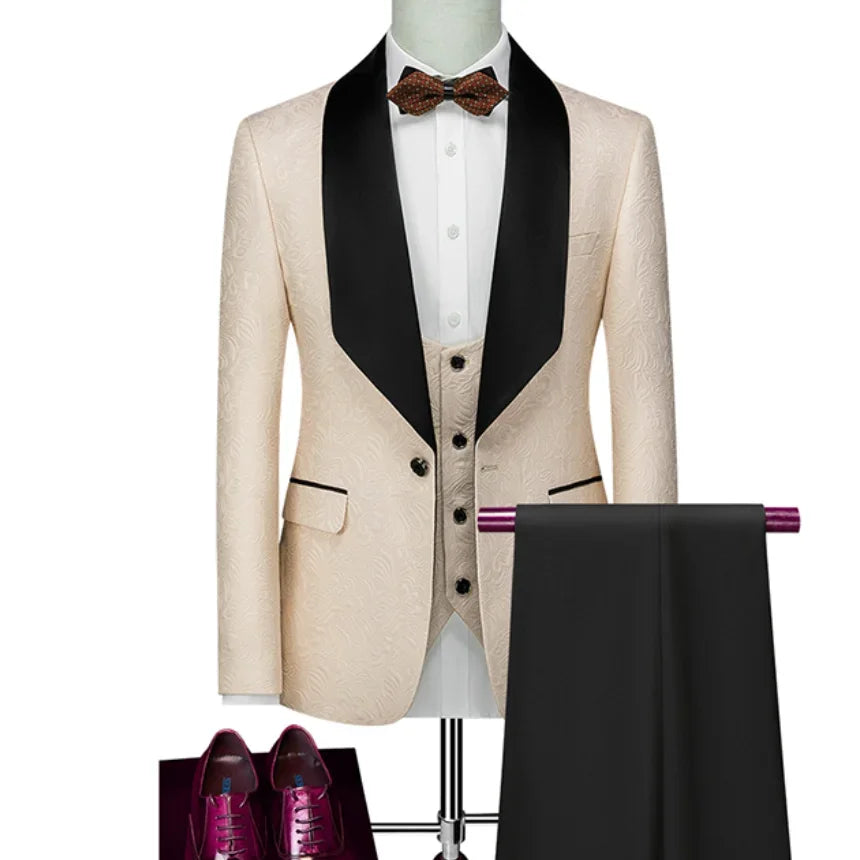 Men wedding Suits Pattern and Black Groom Tuxedos Shawl Satin Lapel Groomsmen Wedding Best Man ( Jacket+Pants+Vest)