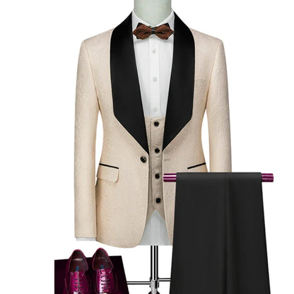 Men wedding Suits Pattern and Black Groom Tuxedos Shawl Satin Lapel Groomsmen Wedding Best Man ( Jacket+Pants+Vest)