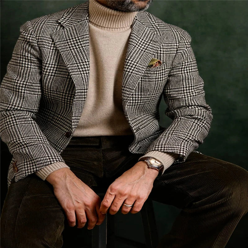 Houndstooth Plaid Blazer for Men One Piece Suit Jacket with Notch Lapel Slim Fit Casual Male Coat Fashion Office Men Clothes