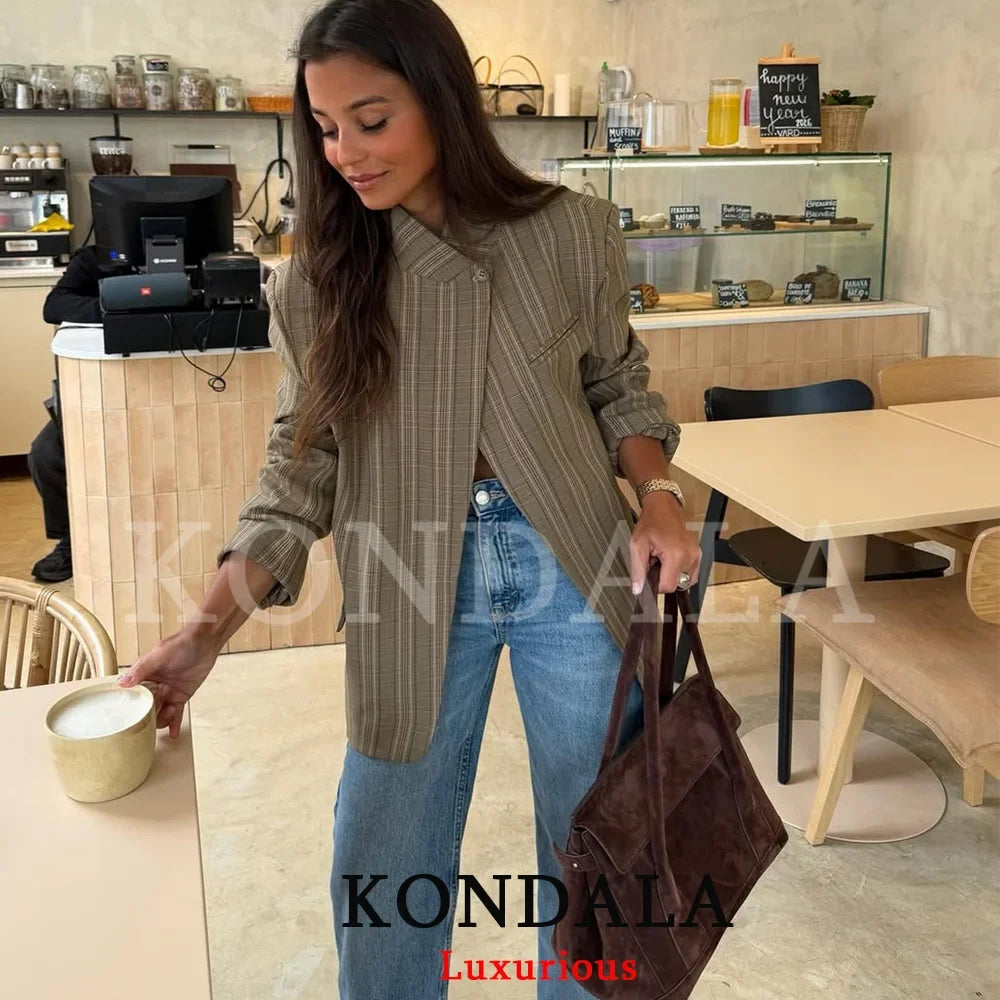 Office Lady Chic Plaid Women Blazer Single Button Front Split Oversize Blazer Fashion 2026 Spring Summer Office Lady Top