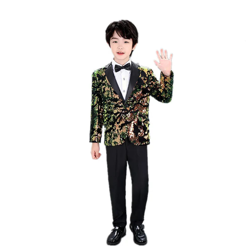Kids Piano Wedding Birthday Tuxedo Dress Children's Shining Sequins Stage Show Photography Suit Boys Performance Costume