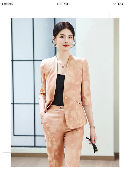 Fashion Office Ladies Blazer and Pants Suit Formal V Neck Half Sleeve Women Jacket Trouser Women Business Work Wear 2 Piece Set