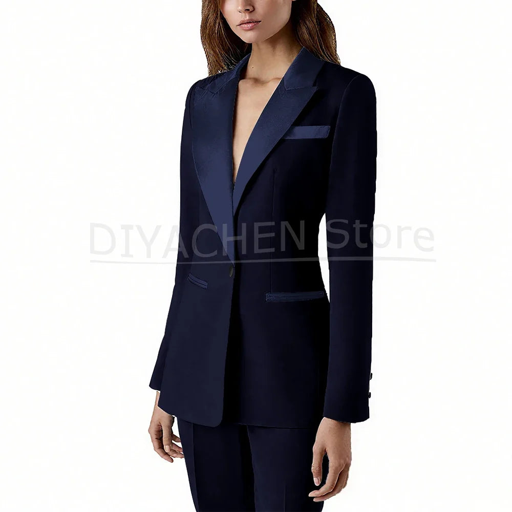 Pants Sets 2 Piece Fashion Satin Peak Lapel Single Button Solid Color Outfits Chic Casual Slim Daily Office Women's Suit