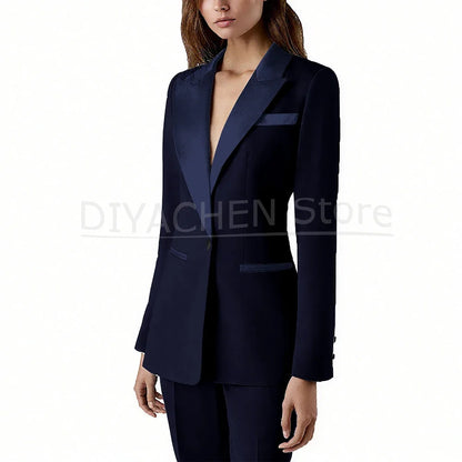 Pants Sets 2 Piece Fashion Satin Peak Lapel Single Button Solid Color Outfits Chic Casual Slim Daily Office Women's Suit