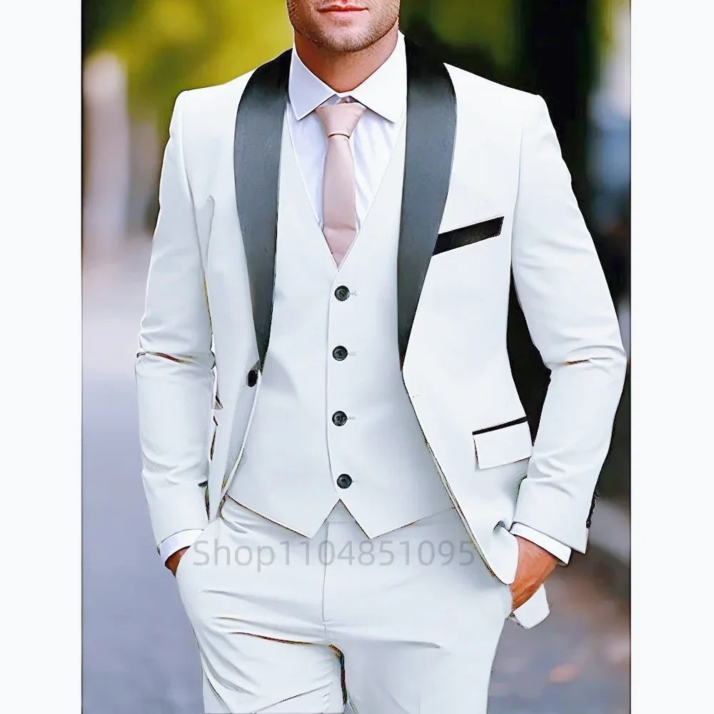 Classic Fitted Men's 3-Pieces Tuxedo Smoking Suit with Unique Lapel Single Breasted Blazer Vest Pant Set