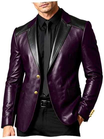 PU Leather Men's Suit Blazer Patchwork Style Wedding Groom Tuxedo Formal Office Prom Jacket High Quality Business Casual Coat
