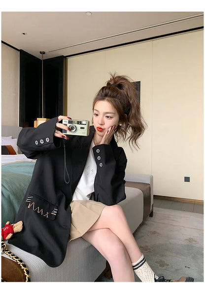 Spring Autumn New Women's Blazer Notched Collar Single Breasted Pockets High-End Elegant Fashion Office Lady Jacket HK13904